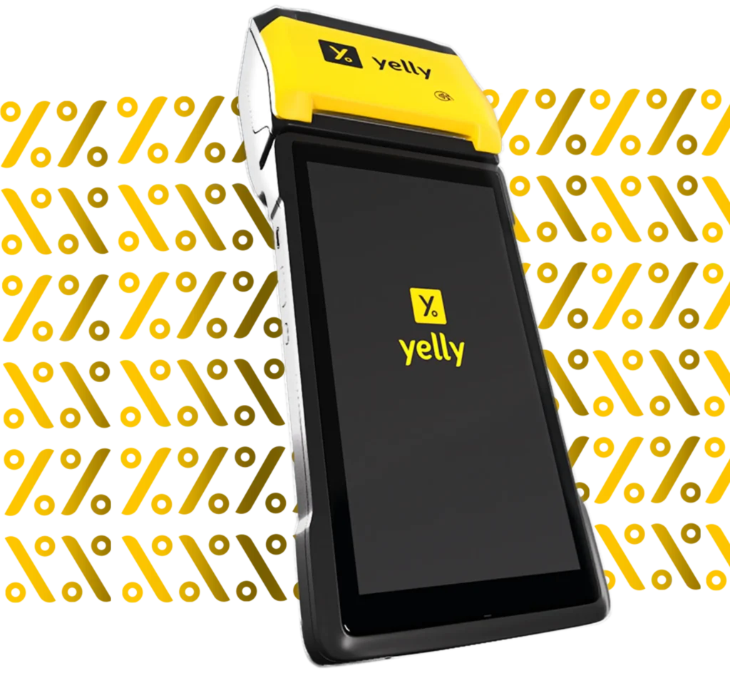 Dispositivo Yelly para receber pagamentos no débito e crédito, com suporte via WhatsApp e garantia vitalícia.