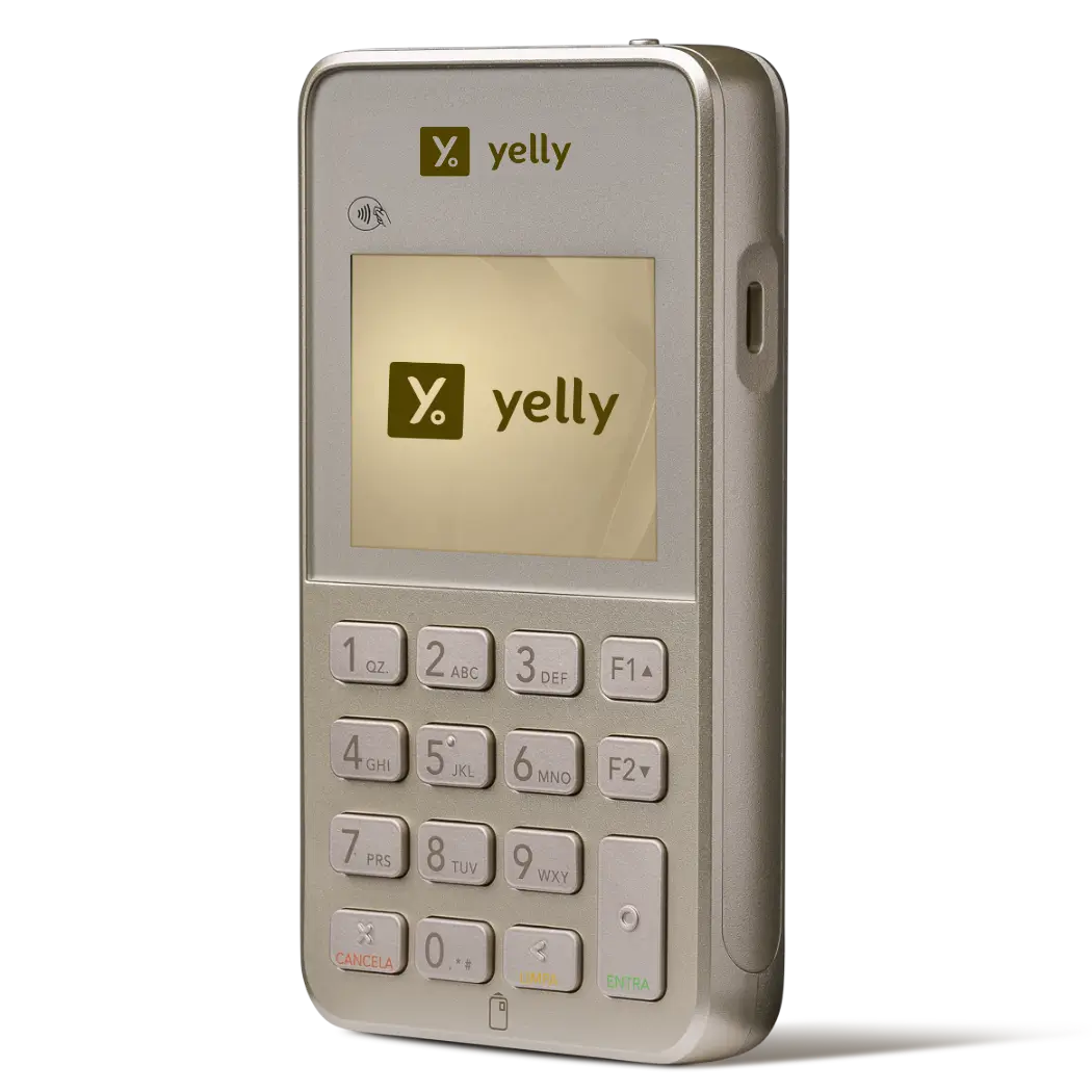 Imagem da maquininha Yelly MINI, modelo compacto com NFC, Pix, QR Code e envio de comprovante por SMS.