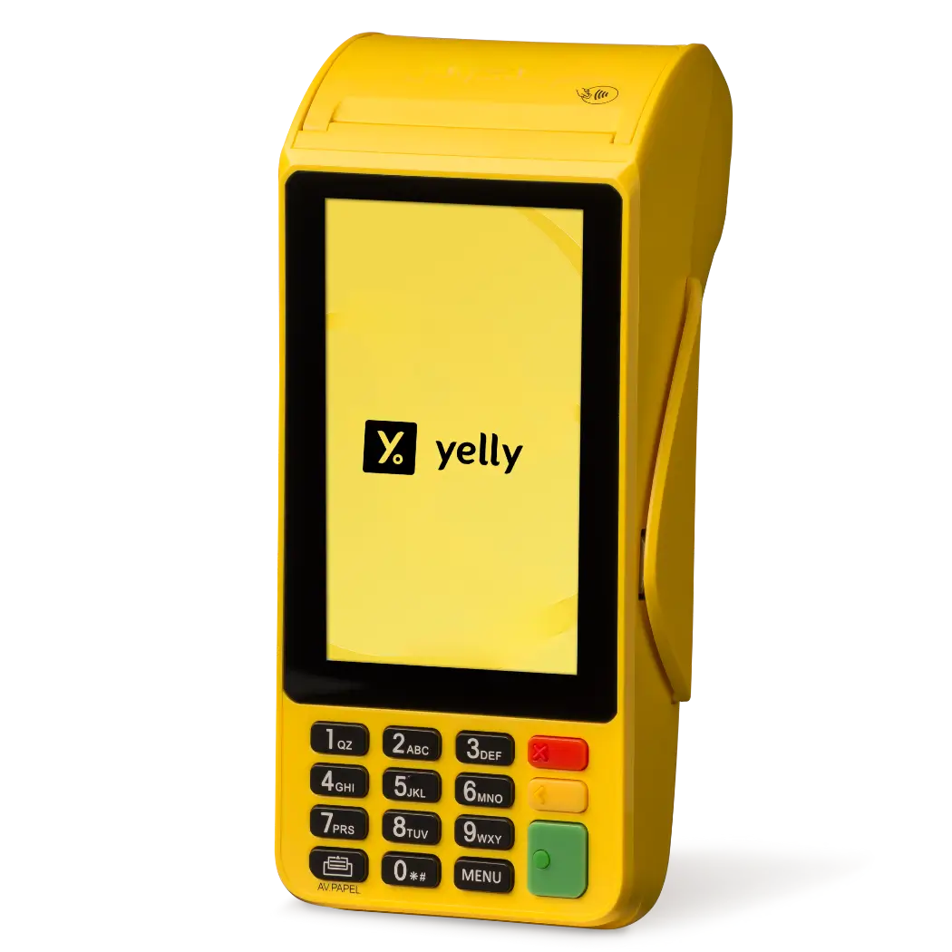 Imagem da maquininha Yelly PRO com tela touchscreen, conexão 4G, bateria duradoura e leitura por aproximação.
