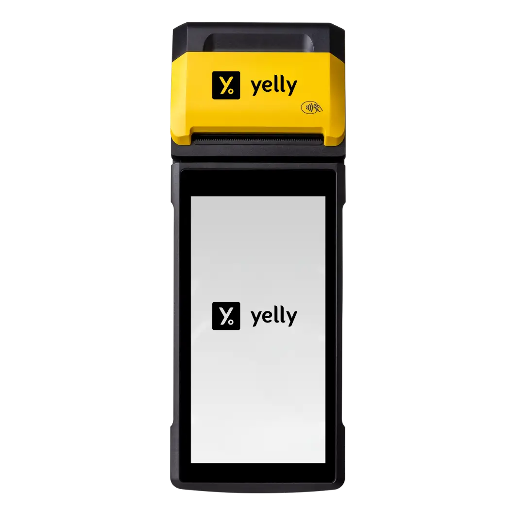 Imagem da maquininha Yelly SMART com tela grande, impressora integrada e suporte a Pix, NFC e QR Code.