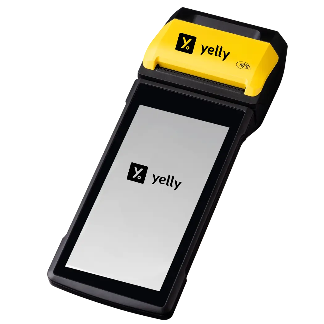 Foto da Yelly SMART com impressora embutida, tela grande e suporte a Pix, QR Code e cartão por aproximação.